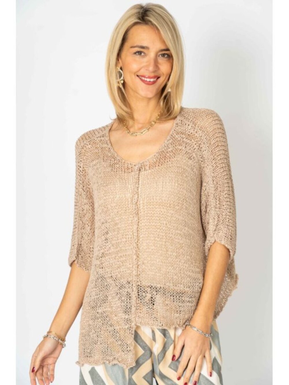 Made in Italy Lightweight Knit Sweater Top | One Size | Beige